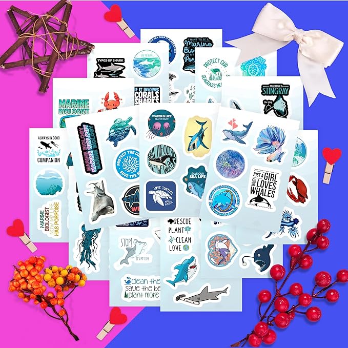 BulbaCraft Marine Biology Stickers for Water Bottle and Laptop - Marine Biology Party Supplies & Decorations, Waterproof Vinyl Decals, Ocean Stickers, Gifts for Women & Men