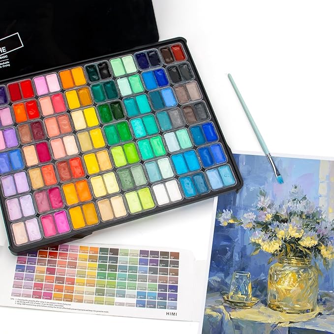 HIMI Gouache Paint Set, 112 Colors x 12g Twin Jelly Cup Design in Carrying Case, Non-Toxic Paint for Canvas and Paper, Perfect for Artists, Student, Opaque Painting (Black)