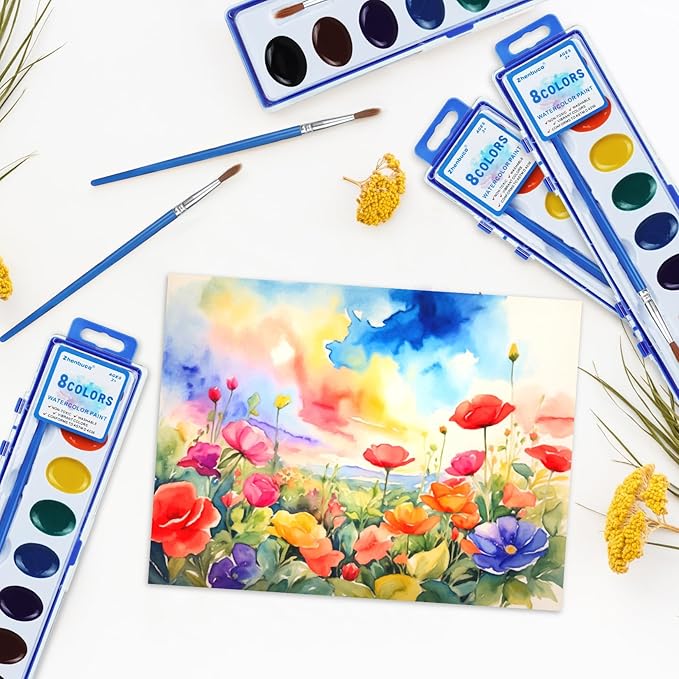24 Pack Watercolor Paint Set - 8 Colors Quality Washable Water Color Paints Sets with Paint Brush, Kids Watercolor Paint Set for Coloring, Art, Classrooms, Party Favors and Paint Supplies