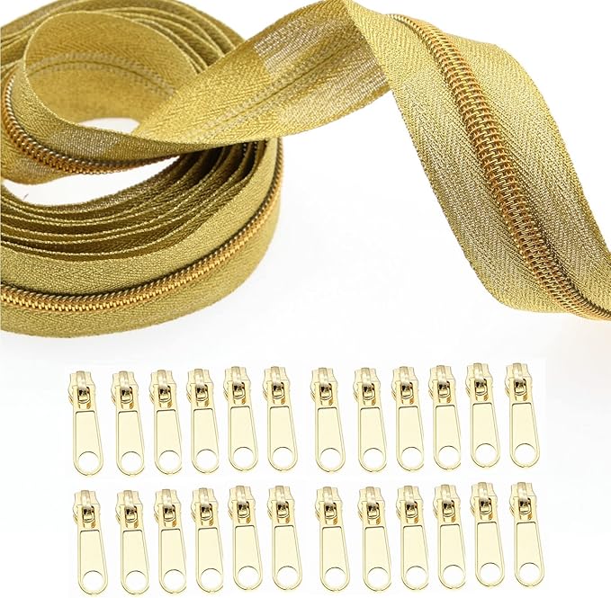 5# Gold Metallic Nylon Coil Zippers by The Yard, Bulk Gold Zipper Tape 10 Yards with 20Pcs Pulls for DIY Sewing Craft Bags YIGUANXIN