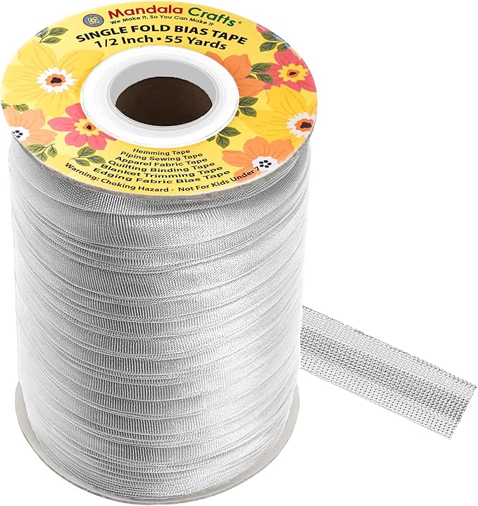 Mandala Crafts 1/2 Inch Single Fold Bias Tape for Sewing, Quilting, Piping, Hemming, Blanket & Quilt Binding – 55 Yards Metallic Silver Fabric Seam Binding Tape