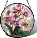 Stained Glass Window Hanging - Pink Purple Phalaenopsis Flowers Sun Catcher for Door Home Decor Plant Suncatcher Christmas Mother's Day Birthday Gifts for Women Men Mom Nana 15 in