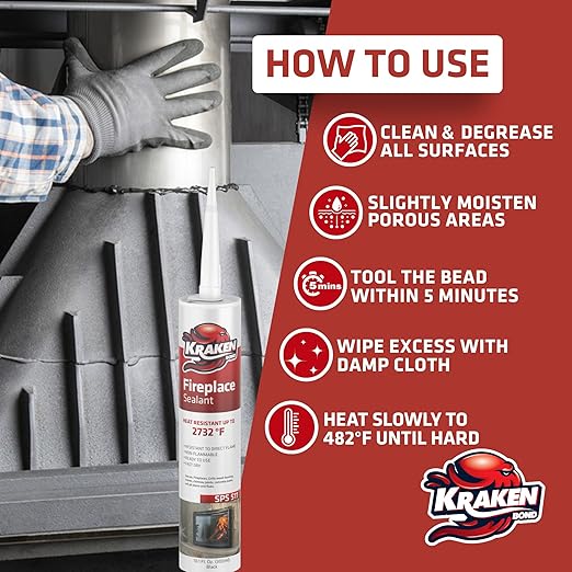 Kraken Bond High Temperature Black Fireplace Sealant 2732°F - (2x10.1oz.) Fire Resistance Up to 2732°F, High Temp Fire Caulk for Ovens, Stoves, Chimneys - Fast Dry, Paintable, Non-Flammable, 2 Pack