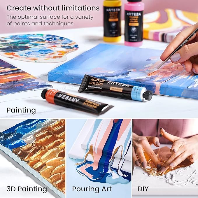 ARTEZA Stretched Canvas, 12 x 12 Inches, Pack of 8, Blank White Square Canvas for Painting for Acrylic, Oil and Gouache Paints