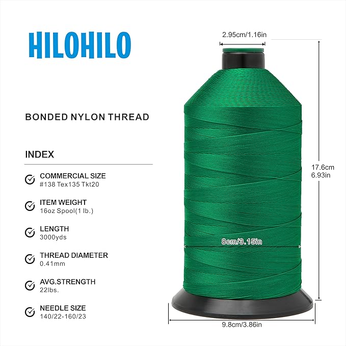 Extra Strong Bonded Nylon Thread #138 Tex135 – 16 OZ, 3000yds, Versatile Stitching Solution for Leather, Upholstery, Canvas Repair and More (Shamrock)
