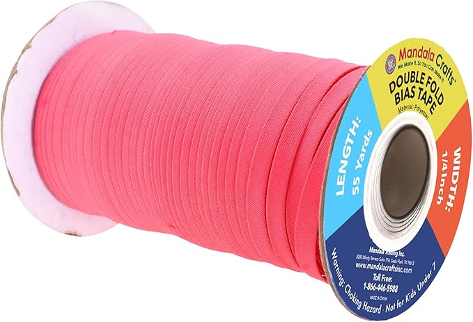 Mandala Crafts 55 Yards 1/4 Inch Hot Pink Double Fold Bias Tape for Sewing - Bias Binding Tape for Quilting Binding, Hemming, Seam, and Fabric Piping