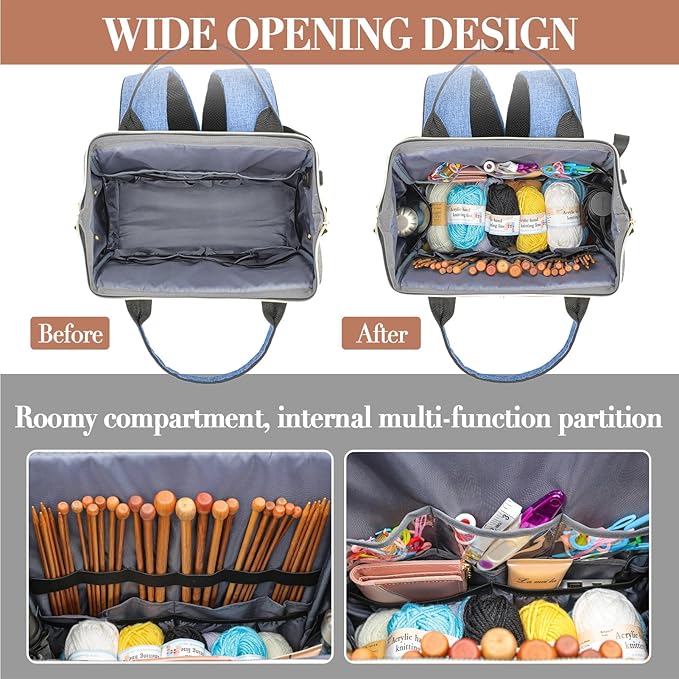 Knitting Bag Backpack, Yarn Organizer with USB Charging Port, Quilted Backpack for Women, Christmas Gifts Large Travel Crochet Bag Totes for Crochet Hooks, Knitting Needles, Yarn Supplies, Blue