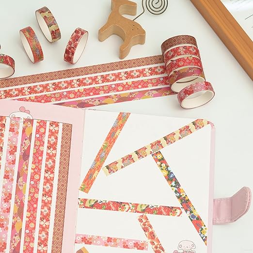 10 Rolls Ukiyo-e Style Washi Tape Set Japanese Kyoto Arts Adhesive Tapes Skinny Decorative Masking Tape Sets for Craft, Kids, Scrapbook, DIY, Gift Wrapping (Crimson Harmony)