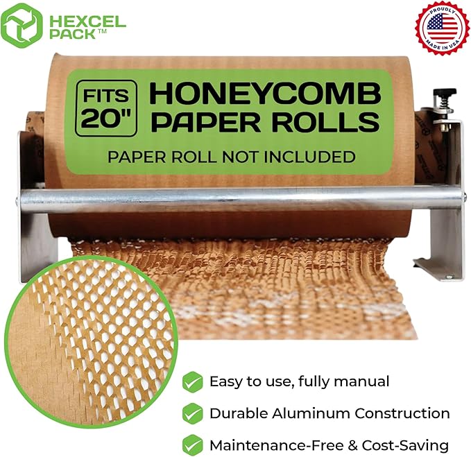 HexcelPack Packing Station – 20" Wide Tabletop Honeycomb Packing Paper Roll Dispenser, Kraft Wrapping Paper Holder, Manual Wrapping Station for Small Business - Dispenser Only