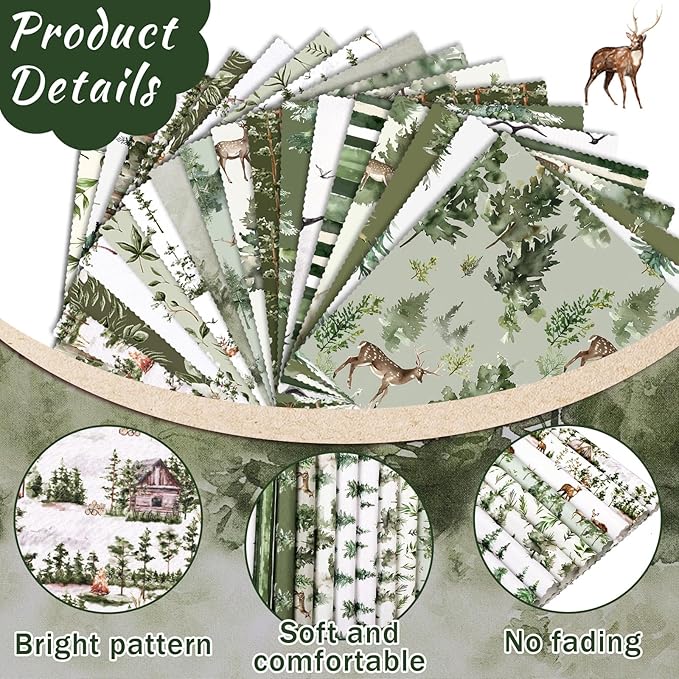 Oudain 60 Pcs 10 x 10 Inch Christmas Watercolor Forest Quilting Fabric Squares Vintage Green Xmas Fat Patchwork Precut Strips Santa Deer Hunting Fabric Bundles for Xmas DIY Craft Sewing