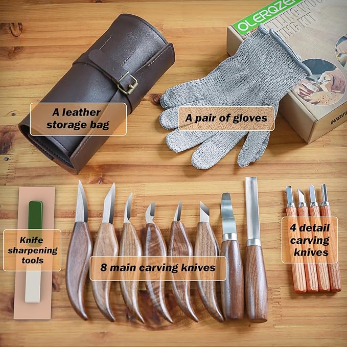 Olerqzer 26-in-1 Wood Carving Kit with Detail Wood Carving Knife, Whittling Knife, Wood Chisel Knife, Gloves, Carving Knife Sharpener for Spoon, Bowl, Kuksa Cup (15PCS Wood Carving Tools)