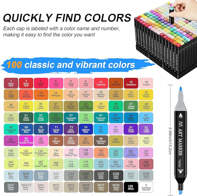 Alcohol Markers Set, 100 Colors Dual Tip Markers for Adult Coloring Books, Art Marker for Kids Adults Sketch Drawing, Marker Set with stand and Carry Case