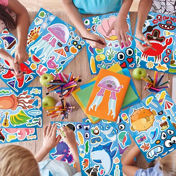 24 Sheets Make Your Own Sea Animals Stickers for Kids Toddlers, Make-a-face Stickers, Ocean Animals Stickers for Kids Party Favors Activities