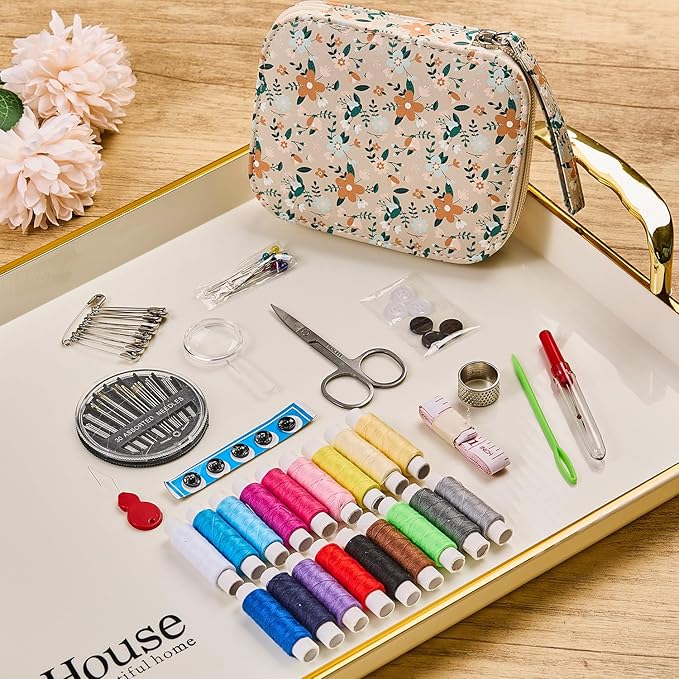 Arts Craft Sewing Kits Printing Sewing Kit Floral Pattern Sewing Set Professional Travel Sewing Supplies with 18 Colors Sewing Thread, Basic Sewing Accessory for Emergency, Home