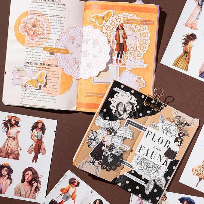 Scrapbook Stickers Set, 174Pcs Aesthetic Girls Sticker for Scrapbooking and Journaling, Junk Journal Supplies, Brown Bullet Journals Materials, Planner DIY Arts Craft Collage