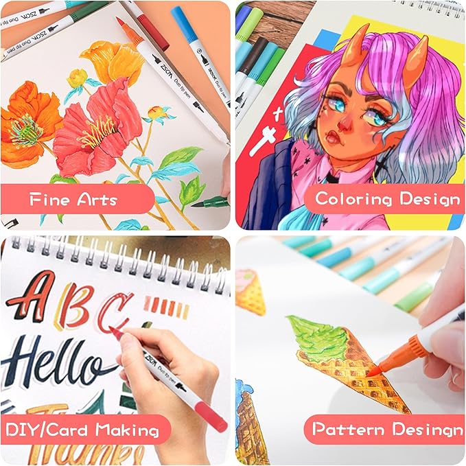 ZSCM Art Duo Tip Brush Markers Set, 60 Colors Fine Brush Tip Artist Drawing Pens Set with Coloring Book, for Adult Sketching Journal Planner Gifts