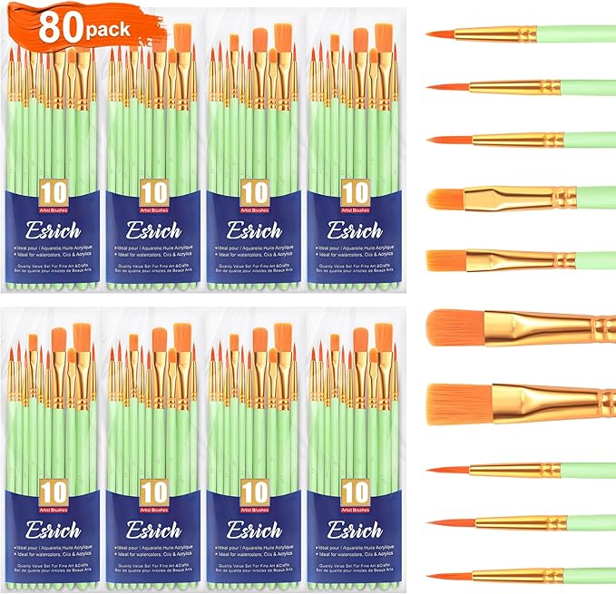 ESRICH Paint Brushes Set, 8 Packs 80 Pcs Acrylic Paint Brush Set, Acrylic Oil Watercolor, Face Nail Art, Miniature Detailing, Rock Painting, Painting Artist Professional Kits(Green) ﻿