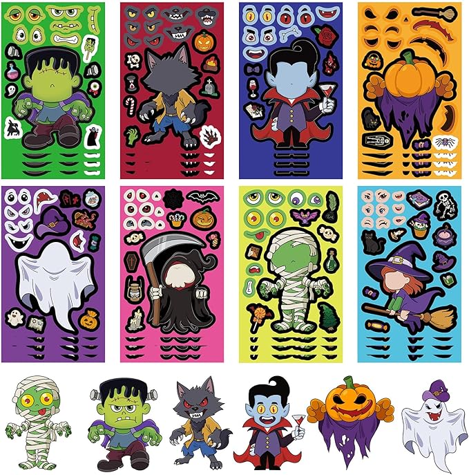 24 Sheets Halloween a Make Face Sticker – Monster Pumpkin Ghost Vampire Witch Mummy Vinyl Feature Stickers for Scrapbooking, Journaling, Collage & Seasonal Decor