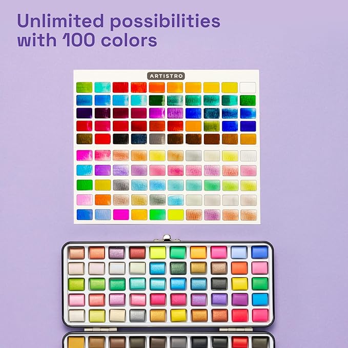 ARTISTRO 100 Colors Watercolor Paint Set - Portable Paint Set with Palette and Brush Pens - Travel Water Color Kit for Adults, Professionals, Kids - Art and Painting Supplies - Christmas Gift Idea