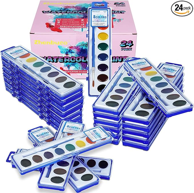 24 Pack Watercolor Paint Set - 8 Colors Quality Washable Water Color Paints Sets with Paint Brush, Kids Watercolor Paint Set for Coloring, Art, Classrooms, Party Favors and Paint Supplies