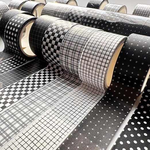 YUBX Black Grid Washi Tape Set 8 Rolls Plaid Decorative Masking Tapes for Arts, DIY Crafts, Journals, Planners, Scrapbook, Wrapping