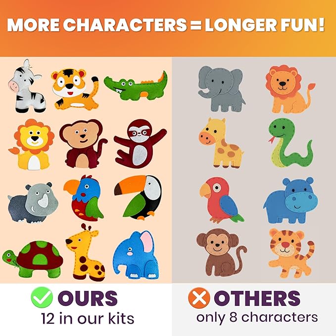 QUOKKA Kids Crafts Ages 4-8, DIY Beginner Needle and Thread Kit - 12 Wild Animals Sewing Kit Basic - Fun Arts Crafts for Kids Ages 6-8 Girls Boys - Plastic Needles, Scissors - 6+ Year Old Girl Gifts