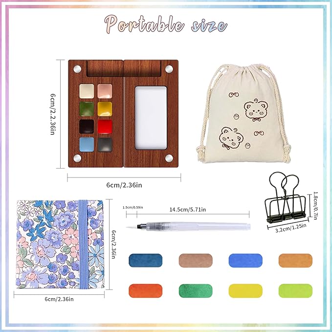 Mini Paint Palette Travel Kit - Mini Travel Watercolor Palette Set, Pocket Artist Water Color Travel Set with Colours, Watercolor Book, Clips, Pens,Wooden Paint Box for Painters Artists Student