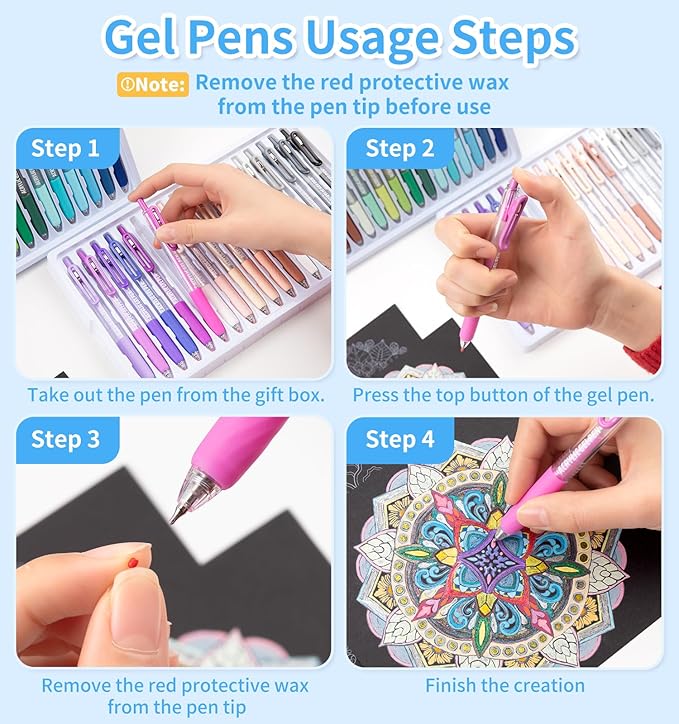 Gel Pens For Coloring, 72 Colors Retractable Colored Pens for Black Paper & White Paper, 0.7mm Fine Point Colorful Pens for Coloring, Writing, Drawing, Journaling, Note Taking, Office, Home