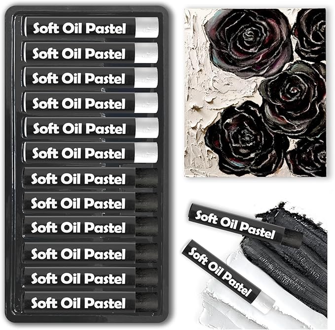 qianshan Soft Oil Pastels 12pc Set of 2 Assorted Colors,Soft Texture Vibrant and Creamy Oil Crayons Pastels Art Supplies For Professional Artists Beginners Drawing.Black&White