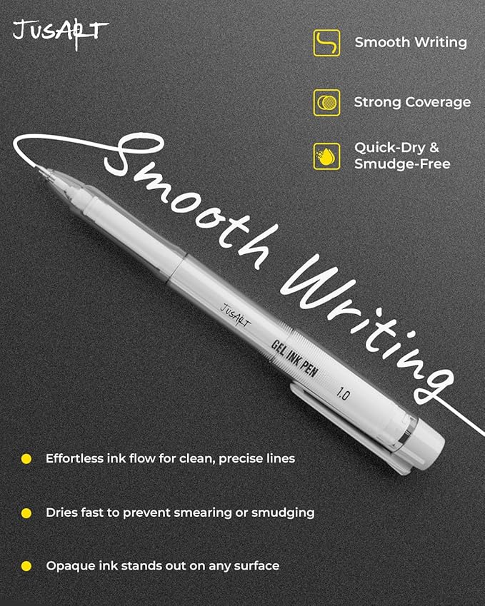 JusArt White Pen, Gold Pens & Silver Pen with 0.4mm, 0.5mm & 1.0mm Assorted Tips, Opaque Ink Pens for Black Paper, Journaling & DIY Crafts, Ideal Drawing Pens for Artists & Art Supplies, 5 Pack