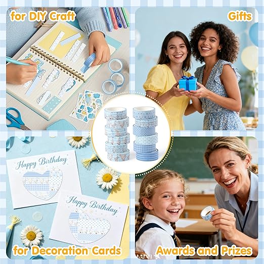 Laffact Blue Goose Washi Tapes - 12Rolls Blue Watercolor Coquette Bow Silly Goose Plaid Decoration Tape Set, Wrapping Paper Tape for Scrapbook Journal DIY Art Craft for Baby Shower Party Birthday Gift