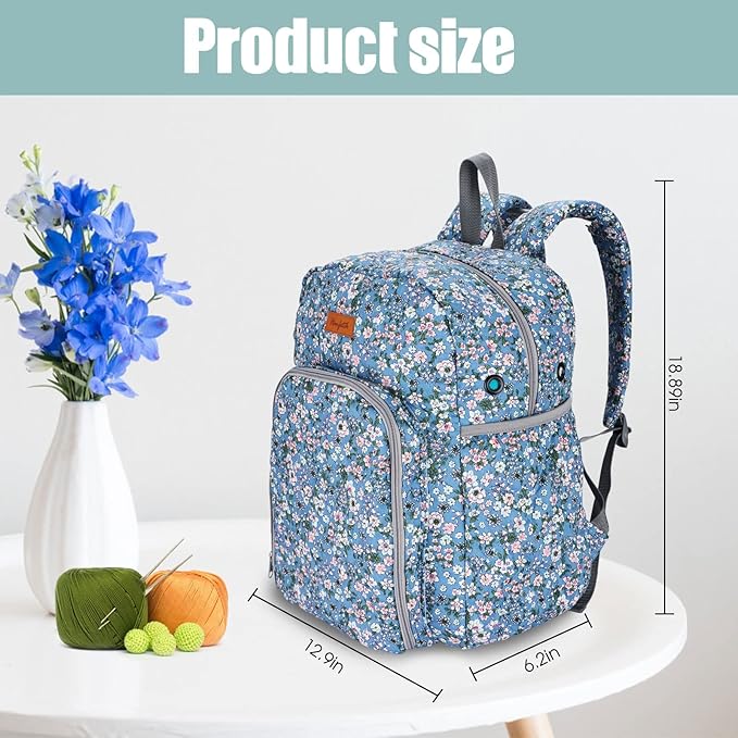 Yarn Storage Organizer Knitting Bag Backpack - Large Size with Grommets, Portable Crochet & Knitting Accessories Bag (Flower-Blue)