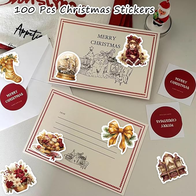 100 Pcs Vintage Christmas Stickers.Waterproof Santa Stickers for Scrapbook Junk Journal Collage DIY Crafts,Vinyl Winter Holiday Stickers for Water Bottles Laptops,Phone Case