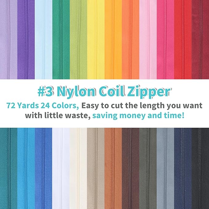 72 Yards 24 Colors #3 Nylon Coil Zipper by The Yard with 3 Styles 260pcs Pulls,Continuous Zipper Tape for DIY Sewing Crafts,Bag,Clothes,Purse and Other Sewing Supplies (24 Assorted Colors, #3)