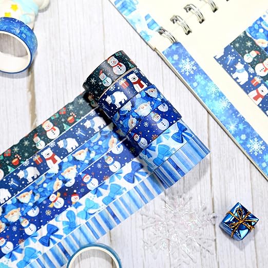 Winter Washi Tape Set,12 Rolls Blue Snowman Holiday Decorative Tape Xmas Ball Gnome Penguin Gift Masking Tape for Journaling Supplies, Journal, Scrapbooking, DIY Arts & Crafts, Gift Wrapping