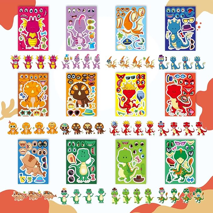 24 PCS Dinosaur Sticker for Kids, Make Your Own Dinosaur Sticker Sheets 12 Design Boy Girl Toddlers Stickers, Dinosaur Party Favors Supplies Art Craft, Birthday Gift, Teacher Classroom Reward