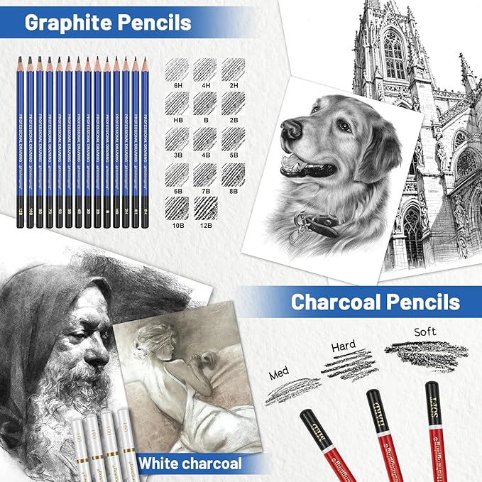 53 PCS Drawing Kit Sketching Pencil Set, Sketch Pencils Art Supplies with Graphite, Charcoal, Blending Tools, Drawing Pencils for Artists Adults Beginner Family Friends