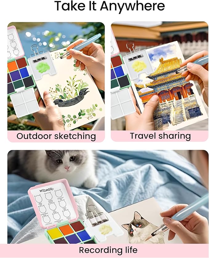 Woomer Watercolor Paint Set, 9 Vivid Colors Travel Watercolor Paint with 2 Foldable Palettes, Wash Cup, Perfect Water Color Set for Beginner Enthusiast Pro Gift