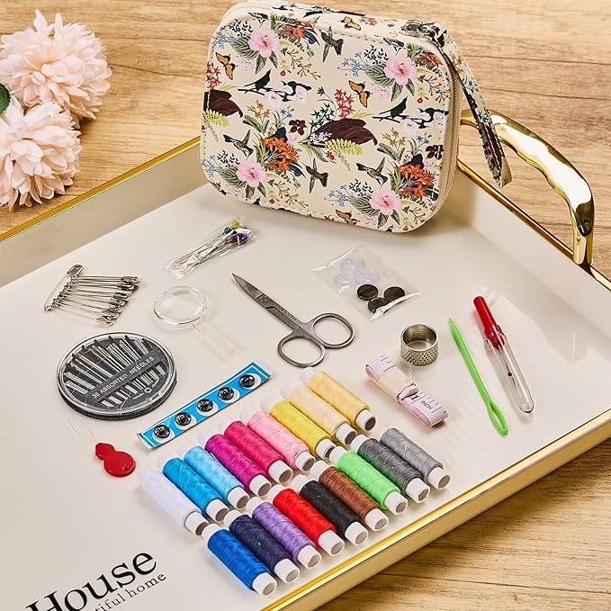 Arts Craft Printing Sewing Kit Butterflies Pattern Sewing Set Professional Travel Sewing Supplies with 18 Colors Sewing Thread, Basic Sewing Accessory for Emergency, Home