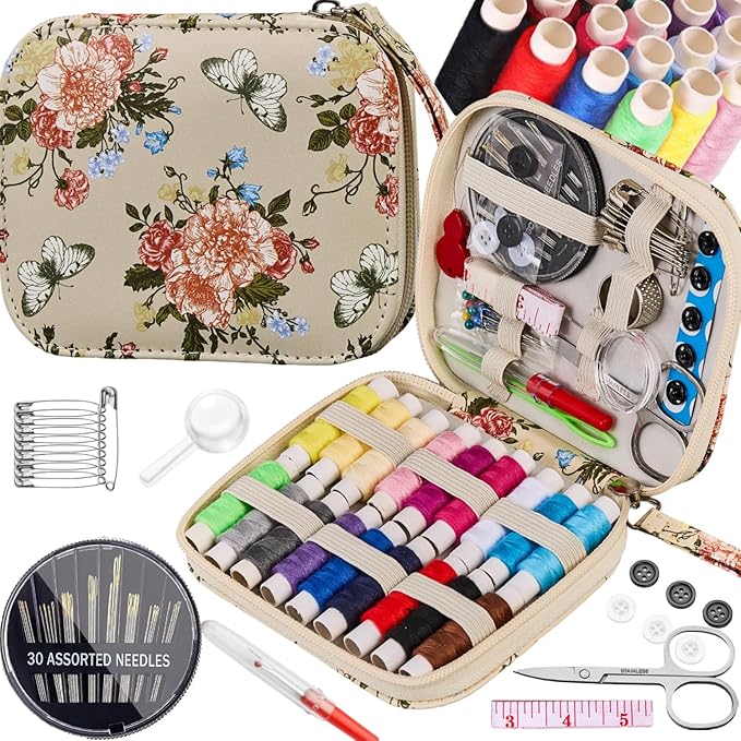 Printing Sewing Kit Floral Pattern Sewing Set Small Basic Travel Sewing Kit for Adults, 87 PCS Professional Sewing Supplies Accessory for Emergency, Home
