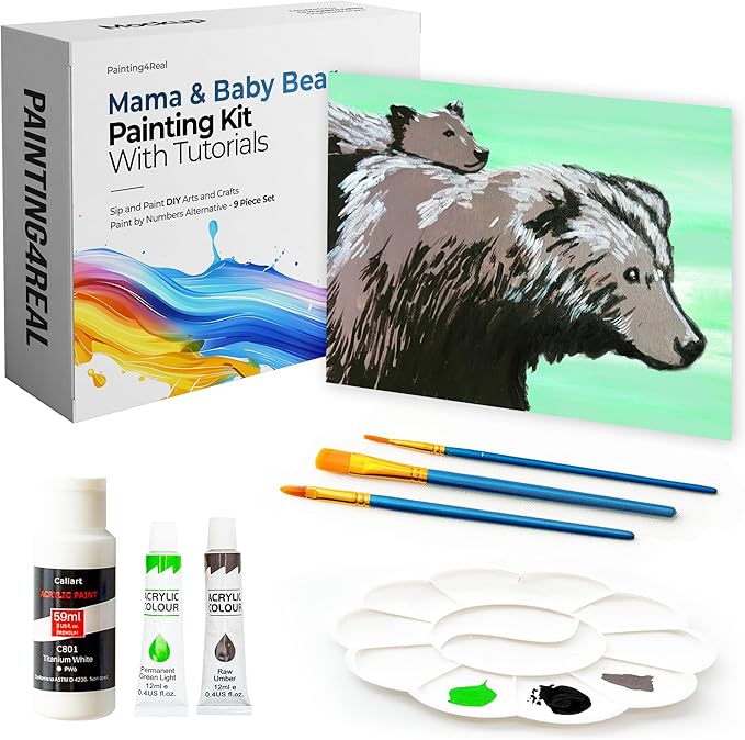 DIY Art Painting Kit for Adults – Learn to Paint Mama & Baby Bear with Video Tutorials – 9 Pieces Acrylic Paint Set for Adults –Perfect Christmas Crafts & Holiday Gifts for Art Lovers