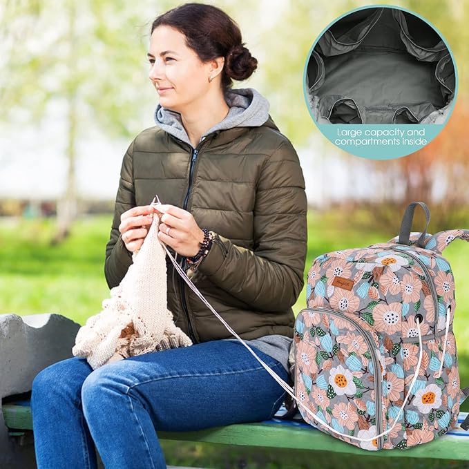 Yarn Storage Organizer Knitting Bag Backpack - Large Size with Grommets, Portable for Yarn Skeins, Crochet Hooks, Knitting Needles and Other Accessories (Flower-Grey)