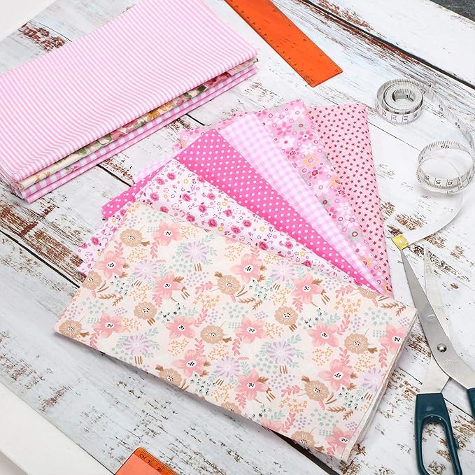 Boao 10 Pcs 20'' x 20'' Cotton Fabric Bundles, Pink Quilting Patchwork Pre-Cut Squares, Floral, Stripes, Gingham, Polka Dots Prints, Sewing Fabrics for DIY Handmade Crafting Home Party Decorations