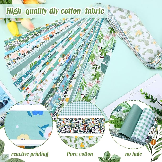 Ganeen 100 Pcs Green Floral Quilting Fabric Roll 2. 56 Inch Fabric Squares Jelly Patchwork Precut Strips Bundles for Holiday Materials Craft DIY Sewing Cloths