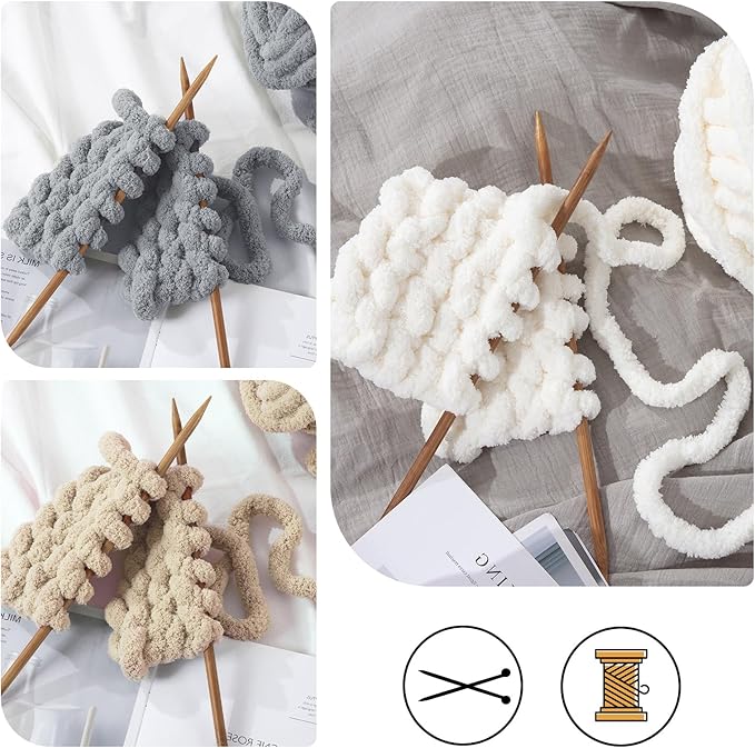 HOMBYS 12 Pack Chunky Yarn for Crocheting,Super Bulky Large Soft Fluffy Yarn,Plush Fuzzy Yarn,Thick Chenille Yarn for Hand Knitting/Arm Knitting,4 Cream,4 Light Grey,4 Khaki(Each 27yds,8 oz)