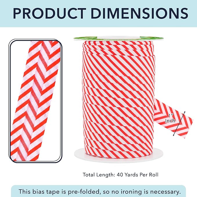Mandala Crafts 1 Inch Single Fold Bias Tape for Sewing, Quilting, Piping, Hemming, Blanket & Quilt Binding – 40 Yards Candy Cane Fabric Seam Binding Tape