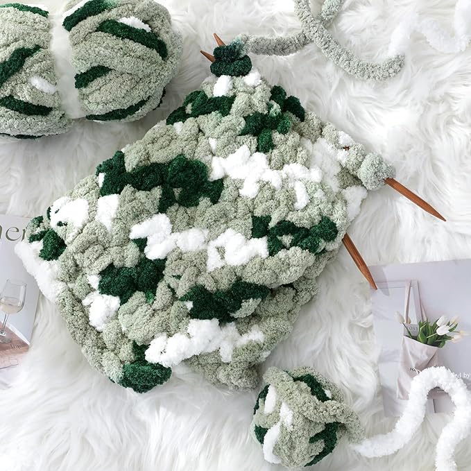 HOMBYS 8 Pack Giant Chunky Yarn for Crocheting and Hand Knitting: Super Bulky, Large Soft, Fluffy, Plush Fuzzy, Mixed Color Thick Chenille (Green Multi, White)