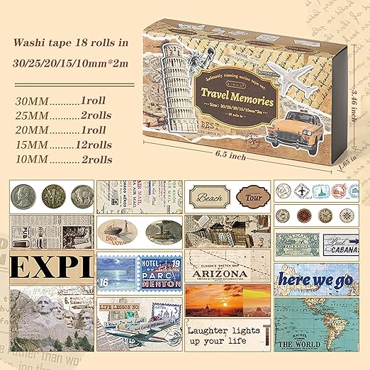 18 Rolls Travel Washi Tape Set journaling Tape for Crafts and Journaling DIY Scrapbook Tape for journaling Scrapbooking Supplies washi Tape for Scrapbooking