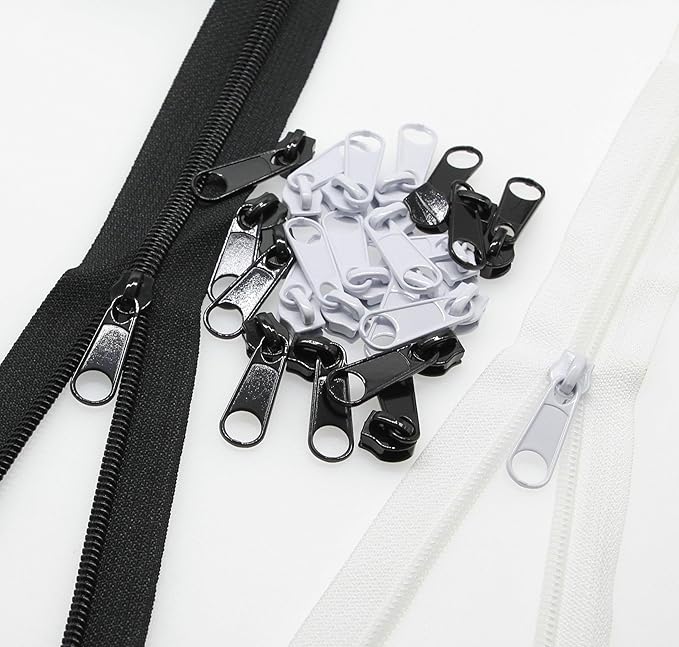 #3 Nylon Coil Sewing Zippers by The Yard Bulk 10 Yards White and Black Colors with 20pcs Matched Sliders for DIY Tailor Sewing Craft Bags,Luggage,Dress,Sofa Cushion, Pillow Leekayer(White and Black)