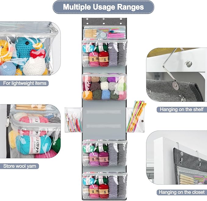 Katech Hanging Yarn Storage Organizer, Large Capacity Knitting Bag, Yarn Organizers with 6 Zipper Closure Compartments & Detachable Crochet Bag